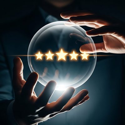 holding glass sphere, five star status, business reputation
