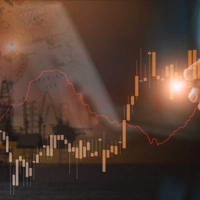 Concept of global oil market fluctuations and energy crisis. financial candlestick chart and price trends. economic instability, fuel price analysis, and energy demand forecasting globally.